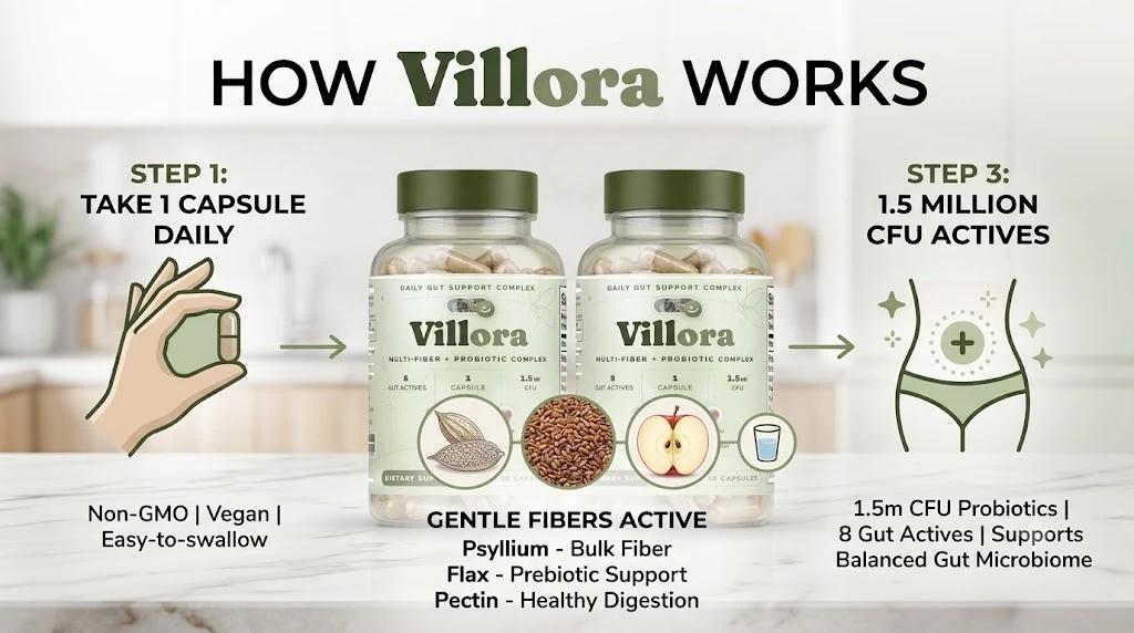 How Villora works: take your daily capsule, gentle fibers and probiotic support